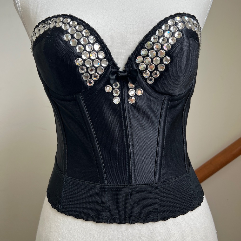 Vintage Corset Top 34B Black Rhinestone Embellished Bustier 80s Glam Clubwear